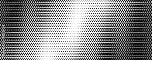 Hexagon halftone gradient texture. Abstract black grunge background. Geometric retro halftone tech overlay. Fading wavy hexagonal pattern backdrop. Vector Illustration