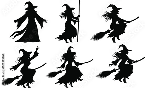 Silhouette witches in various poses with broomsticks and hats, Halloween flying magic vector illustration for spooky seasonal fantasy design