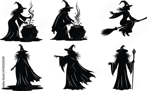 Silhouette witches with cauldrons, broomsticks, staffs, and magical poses, Halloween fantasy vector illustration for spooky seasonal design and decoration