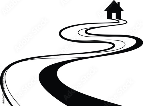 Winding road leading to house silhouette with chimney in minimalist black vector style, symbolizing journey, destination, and home architecture design