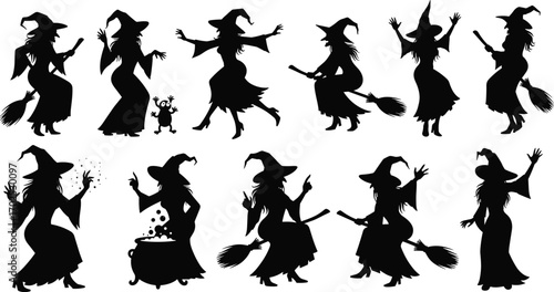 Witch silhouette vector set with broomsticks, cauldrons, spell casting, flying witches, magical elements, Halloween fantasy, and folklore design