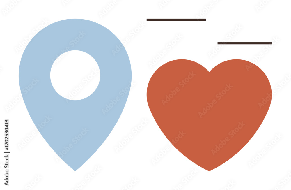 Fototapeta premium Blue map pin next to red heart with minimal black lines. Ideal for travel, relationships, navigation, community, support, connection, and location-based services. A simple flat metaphor