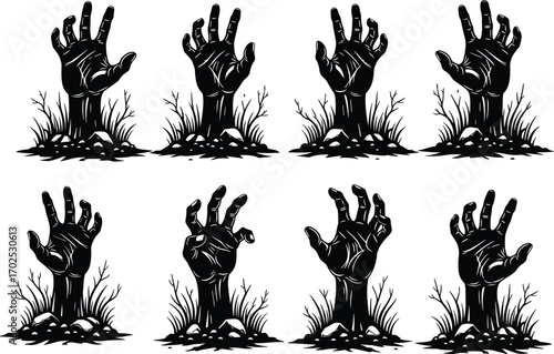 Zombie hand silhouette vector illustration with multiple poses, horror theme, Halloween design, undead rising from ground, spooky graveyard scary elements