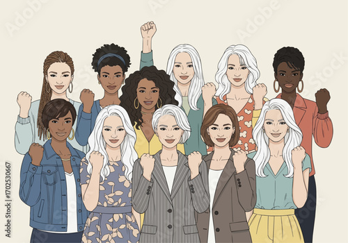 A diverse group of women of various ages and ethnicities stand together with raised fists, symbolizing strength, unity, and empowerment.