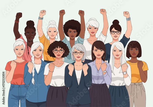 Diverse group of women raising fists in solidarity and empowerment.