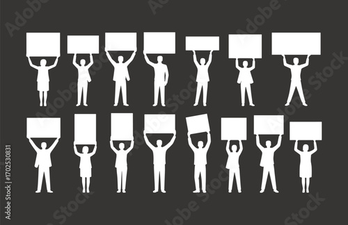 People Holding Blank Signboard in White Silhouette, Group of Individuals Displaying Empty Banner, Protest, Demonstration, Public Speaking, White Silhouettes on Dark Background