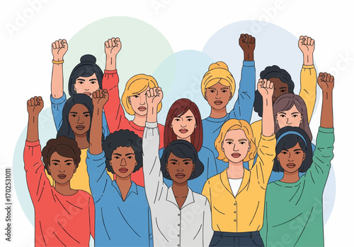 Illustration of a diverse group of women raising their fists in solidarity and empowerment.