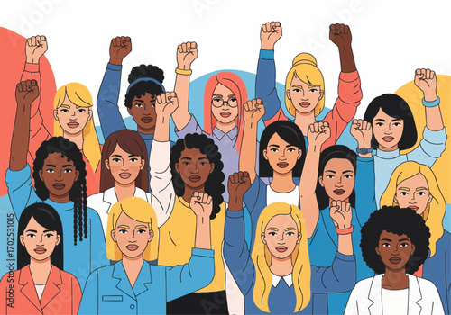 Illustration of diverse women raising their fists in solidarity and empowerment.