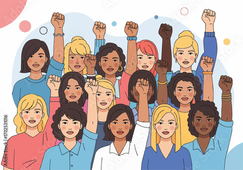 Diverse group of women raising fists in solidarity, symbolizing empowerment and protest.