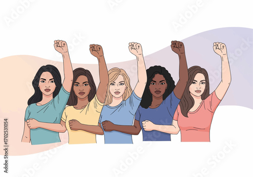 A group of diverse women stand together, raising their fists in a powerful symbol of unity, protest, and female empowerment.