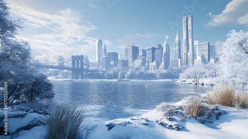Gorgeous snowy chicago skyline with illuminated skyscrapers and falling snow picture