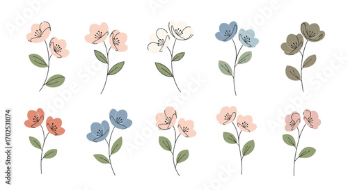 A charming collection of hand drawn delicate floral illustrations in soft pastel hues and earthy tones