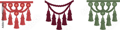 Three decorative tassel garland designs in red, burgundy, and green, ornamental fringe and braided cord trim, interior textile embellishments, CAD drawing flat vector illustration