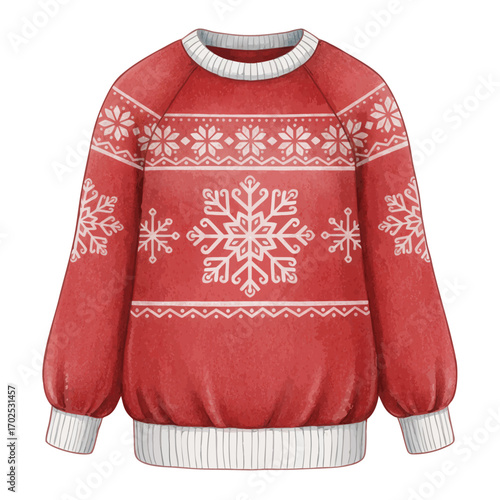 A handdrawn watercolor illustration of a festive red christmas sweater featuring large white snowflakes and traditional nordic patterns, isolated on a, perfect for holidaythemed designs and winter app