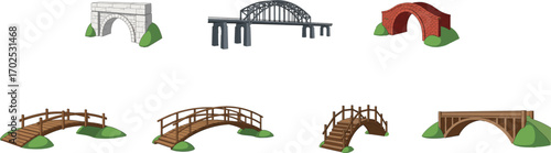 Various styles of bridges including stone, steel, brick, and wooden designs, pedestrian and architectural structures, infrastructure crossover, CAD drawing flat vector illustration