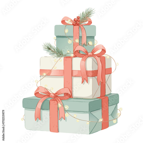 A festive tower of stacked christmas gift boxes, adorned with coral pink ribbons, bows, pine sprigs, and twinkling fairy lights, isolated on a clean, perfect for holiday celebrations and seasonal gree