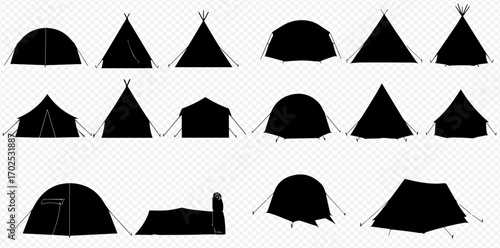 A diverse set of black silhouette icons depicting various tent styles and camping shelters on a transparent background.