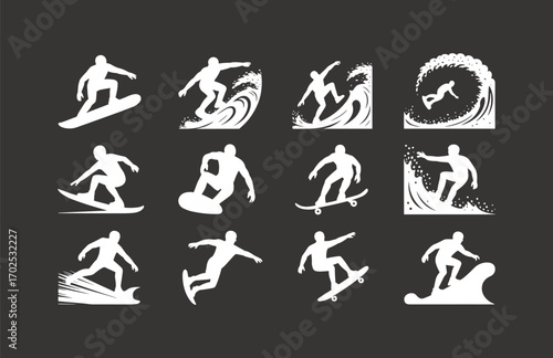 White Silhouette of Surfer Riding Waves, Performing Extreme Sports, Action Pose, Skateboarder, Dynamic Movement, Athletic Adventure, Water Sports, Surfboard, Athletic Performance