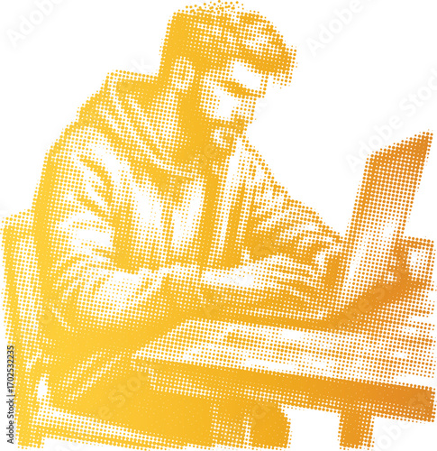 Stylized golden halftone illustration of a man in a hoodie working on a laptop. Modern remote work, freelance, and digital lifestyle graphic concept.