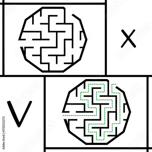 Illustration with labyrinth, maze conundrum for kids. Baby puzzle with entry and exit. Children puzzle game. Wrong and right for labyrinth.