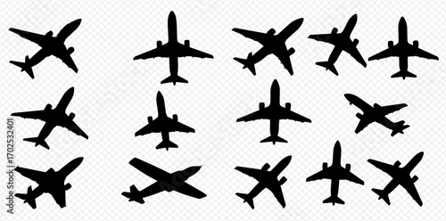A collection of black airplane silhouettes against a transparent background, showing various flight orientations.