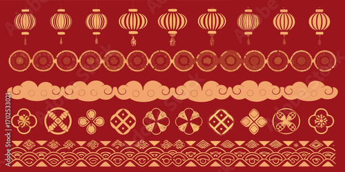 Collection of traditional chinese decorative elements including lanterns clouds and auspicious patterns on red background