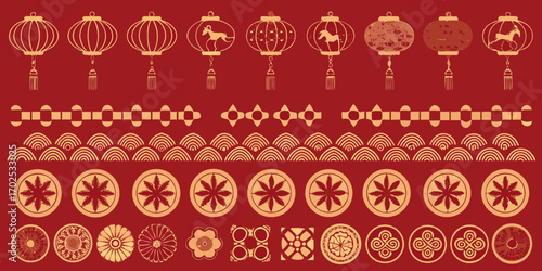 Collection of traditional chinese decorative elements featuring lanterns patterns and ornate borders