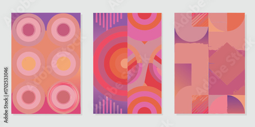Abstract geometric compositions with circles squares and semicircles in warm pink and orange tones