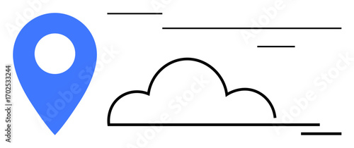 Blue location marker beside a black outlined cloud and horizontal lines. Ideal for mapping, travel, connectivity, data storage, weather, digital communication, or cloud computing concepts. Simple