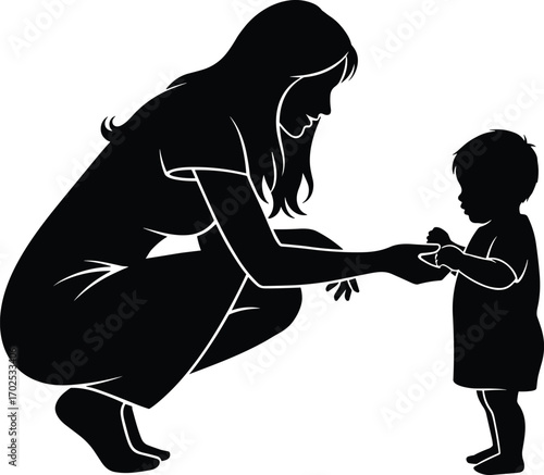 Mother and child silhouette, nurturing bond, parenting moment, vector illustration, love and care, black and white design, early childhood connection