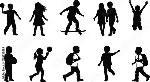 Silhouette vector of children playing, sports activities, walking with backpacks, black figures, white background, childhood, dynamic poses,
