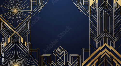 Geometric art deco background, elegant gold foil lines on deep navy blue, luxurious and sophisticated, shimmering metallic accents, high contrast, stylish header or poster background