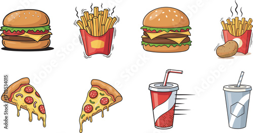 Cartoon fast food vector set with burgers, fries, pizza slices, soda cups, junk meal icons for menu and marketing