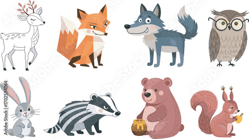 Cartoon forest animals vector set featuring deer, fox, wolf, bear in cute poses for wildlife, nature, and educational design
