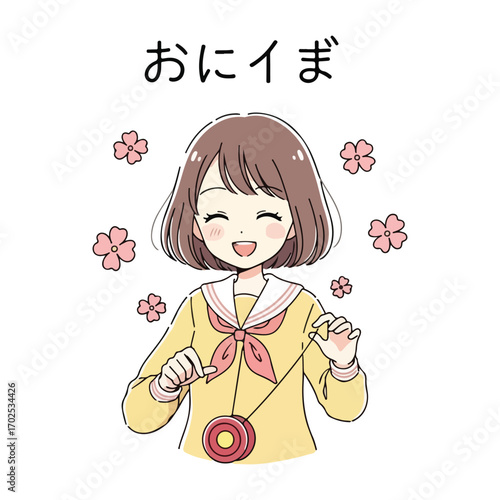 Anime girl in yellow sailor uniform playing with a red and yellow yo-yo schoolgirl student