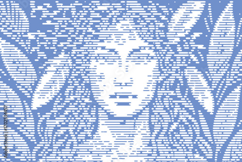 Abstract digital art of a woman's face in a stylized bitmap design. Serene blue and white portrait with ethereal nature and foliage elements.