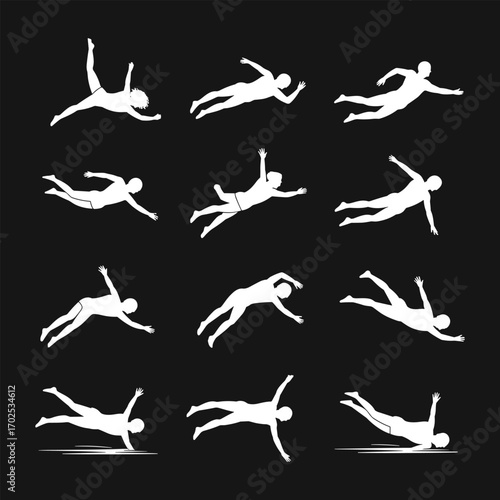 Silhouette floating people illustration, various floating poses, relaxed body, leisure, calm water, peaceful, meditative state, water relaxation, person silhouette, 