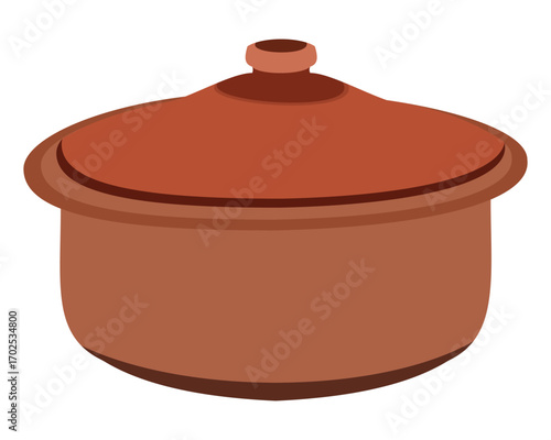 Clay cooking pot with lid flat vector illustration of earthenware