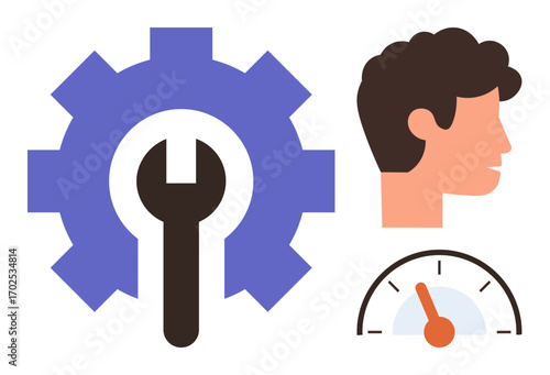 Gear with wrench symbolizing tools and repair, human profile depicting ideas and focus, speedometer showing performance and efficiency. Ideal for productivity, tools, progress, optimization