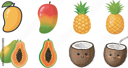 Colorful Tropical Fruit Vector Set with Mango, Pineapple, Papaya, Coconut in Cute Cartoon Style for Summer Food Design