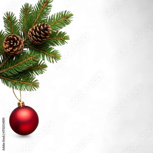 Red christmas ornament and pine cones on fir branch isolated on transparent background
