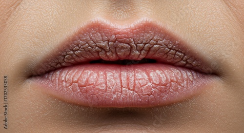 Closeup of chapped lips with pronounced cracks and wrinkles surrounded by skin