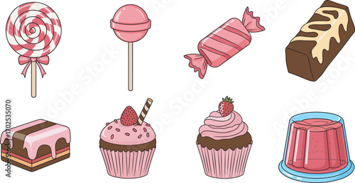 Cute Cartoon Dessert and Candy Vector Set Featuring Cupcakes, Lollipops, Cake Slice, Chocolate Bar, and Gelatin for Sweet Design