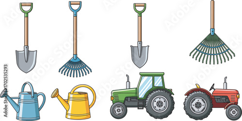 Essential Gardening and Farming Tools Vector Set Featuring Spades, Rakes, Watering Cans, and Tractors for Agricultural and Educational Use