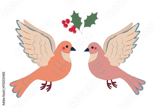 Festive vector illustration of two turtle doves with holly leaves and berries. Perfect for seasonal designs. Vector