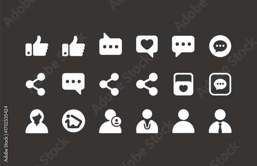 Collection of white silhouette social media icons, like thumbs up, hearts, comments, and share symbols, perfect for web, digital platforms, and design projects