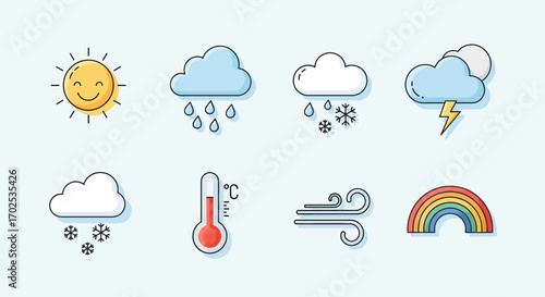 A set of eight colorful cartoon weather icons, including sun, rain, snow, wind, a thermometer, and a rainbow, for forecasting.