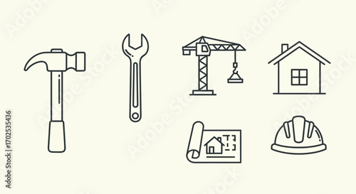 A collection of construction and building icons including a hammer, wrench, crane, house, blueprint, and hard hat.