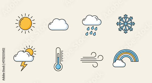 Collection of weather icons depicting sunny, cloudy, rainy, snowy, stormy, windy, and rainbow conditions.