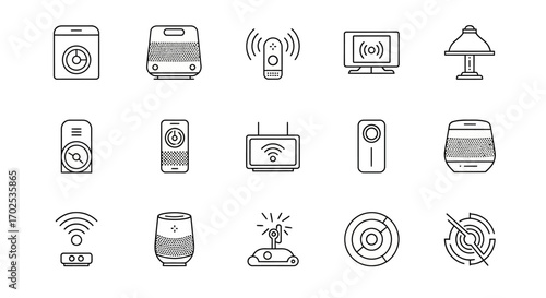 A collection of line art icons representing various smart home devices and technology, including speakers, routers, and smart TVs.